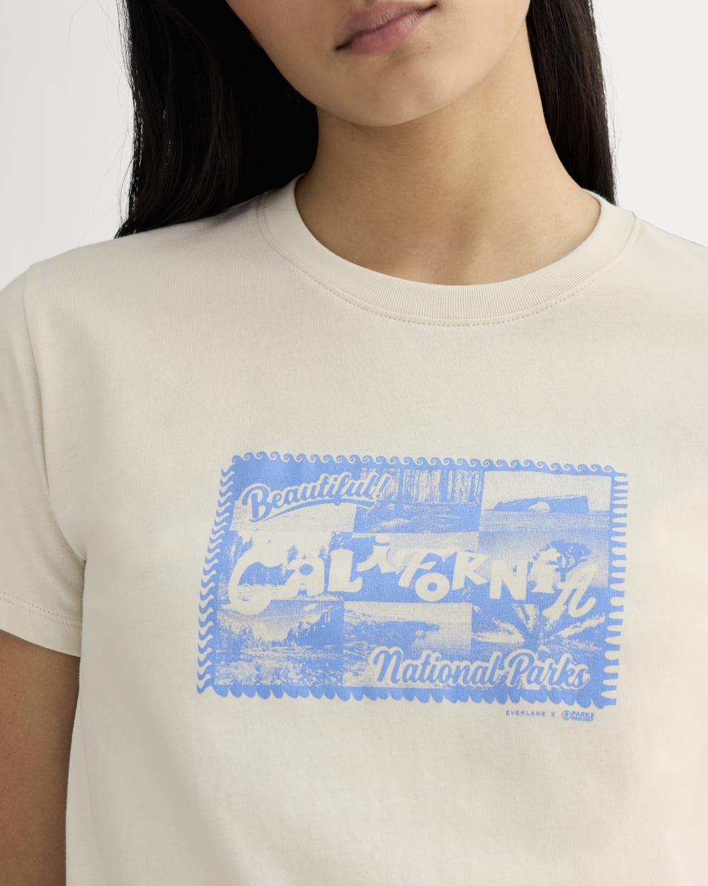 The Everlane x Parks Project Box-Cut Tee in Natural / Granada Sky Blue — detail view
