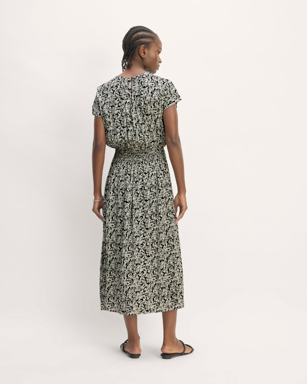 The Gathered Midi Dress in Black / Bone Mini Floral — detail view