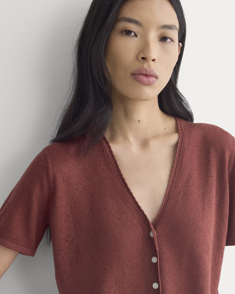 Lace Trim Cardigan in Fine Linen in Henna Red — detail view