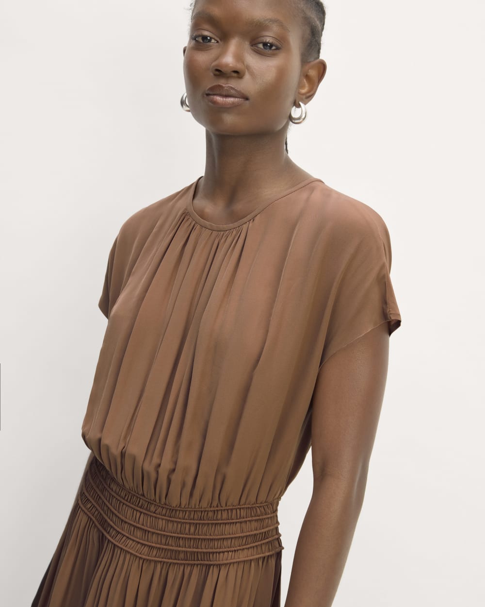 The Gathered Midi Dress in Carob Brown — detail view