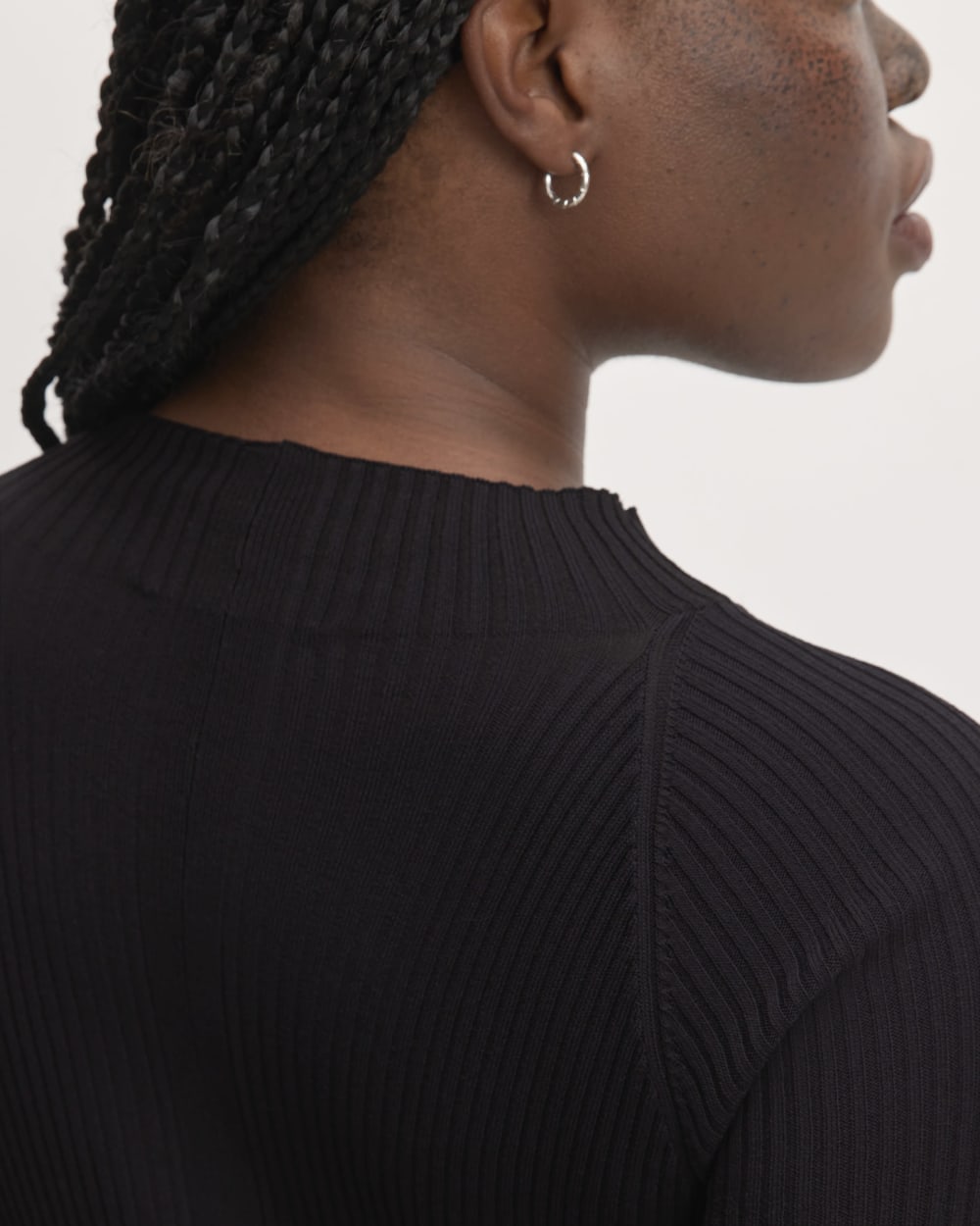 The Ribbed Mock Neck Midi Dress in Black — detail view