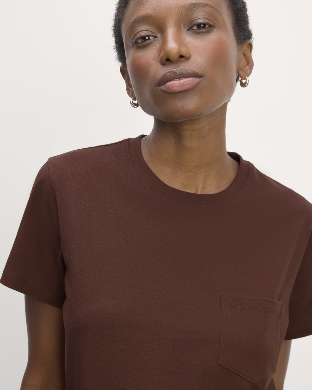 The Box-Cut Tee in Essential Cotton in Dark Mahogany — detail view