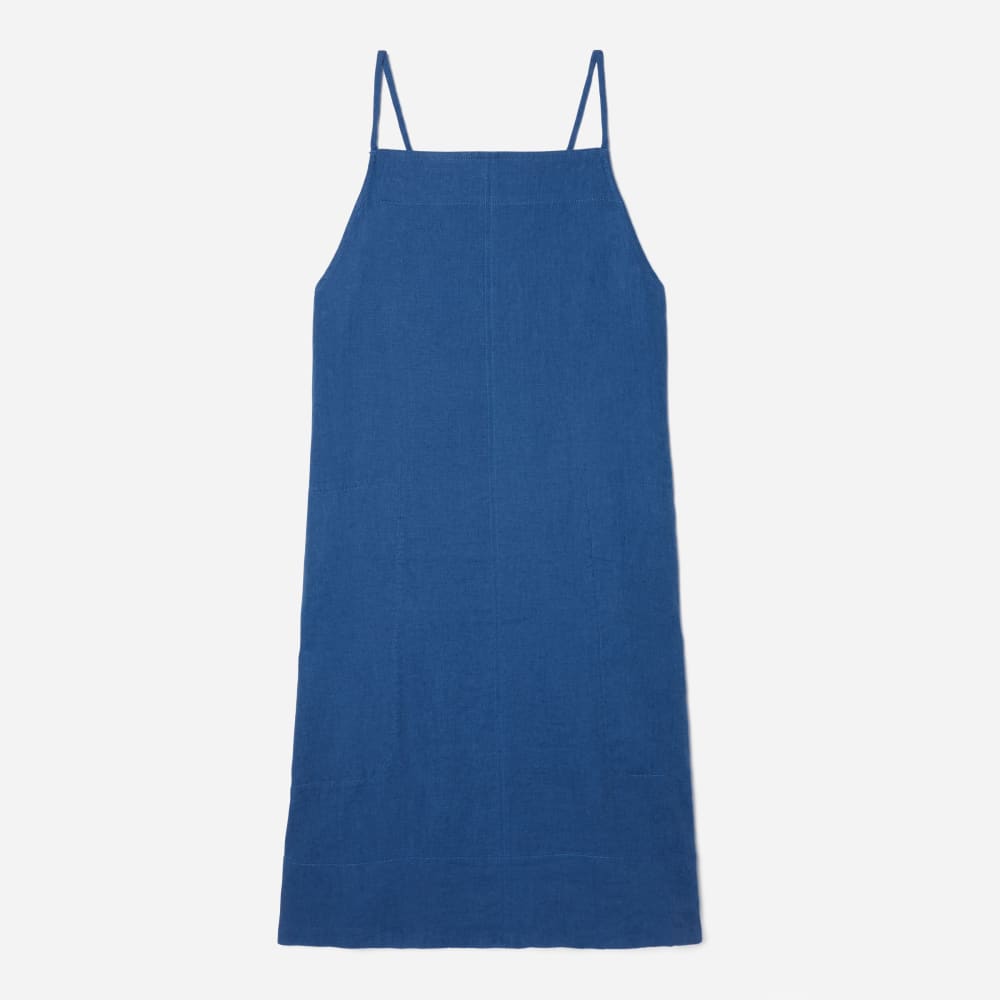 The Linen Apron Dress in Deep Blue — front view