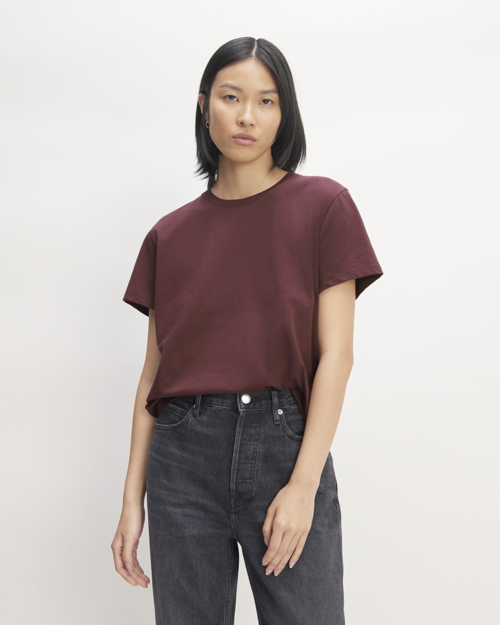 The Box-Cut Tee in Essential Cotton in Burgundy — front view