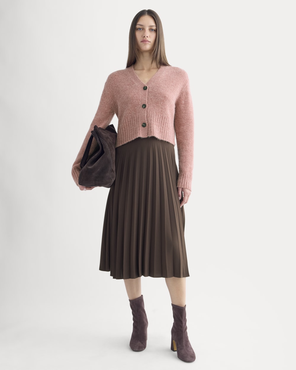 High V Cropped Cardigan in Alpaca in Heather Ash Rose — detail view
