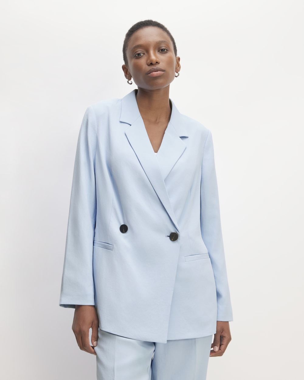 The Drapey Blazer in Chambray Blue — front view