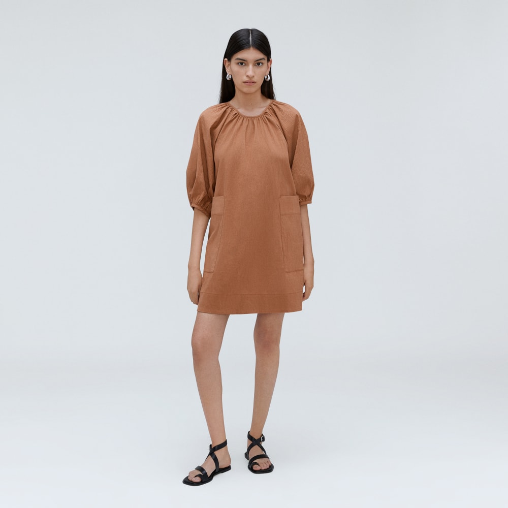 The Seersucker Puff Sleeve Dress in Tawny Brown — alternate view