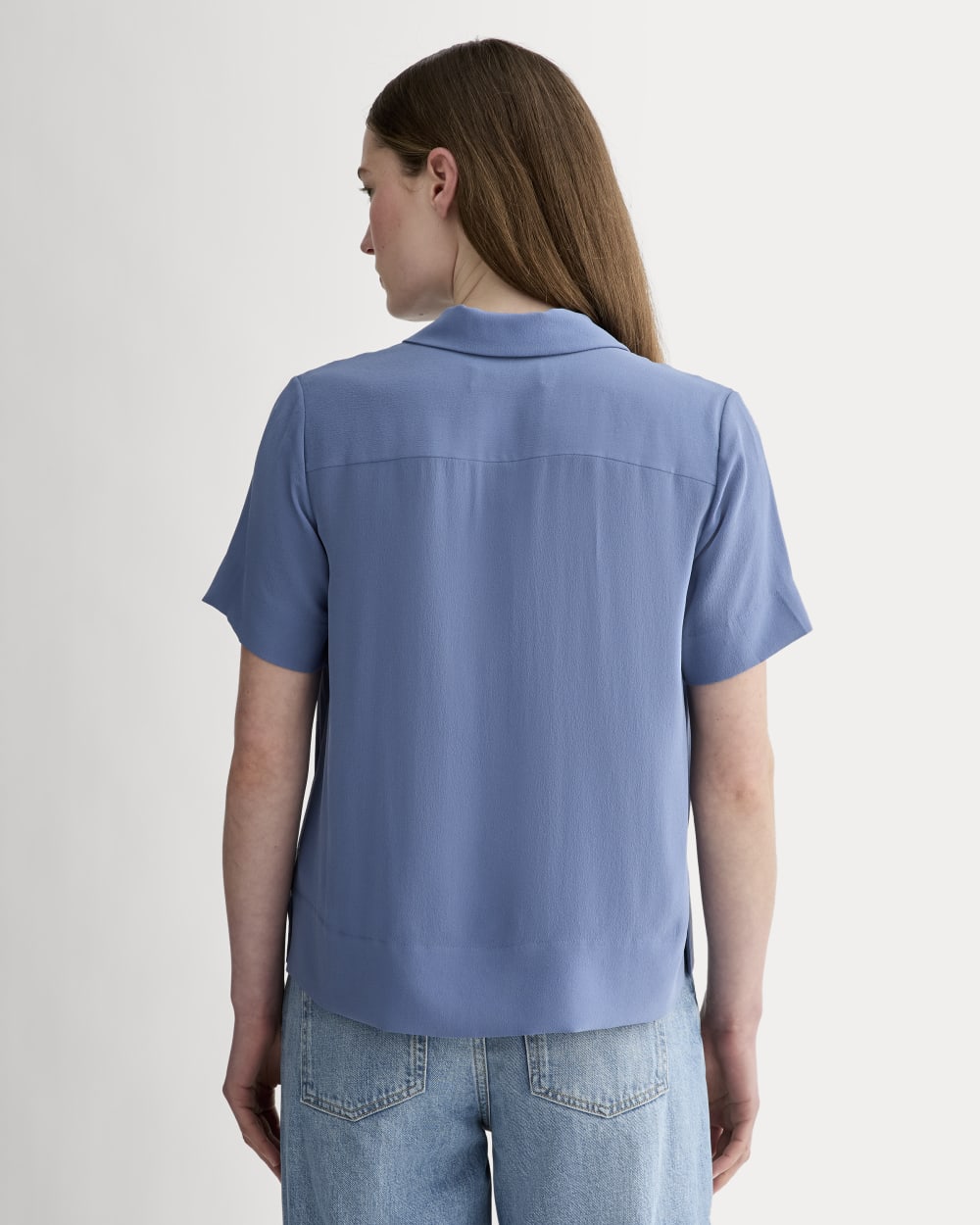 The Notch Shirt in Washable Silk in French Blue — detail view