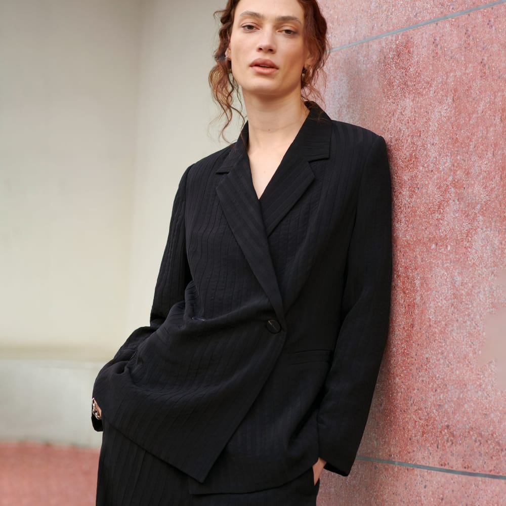 The Drapey City Stripe Blazer in Black — detail view