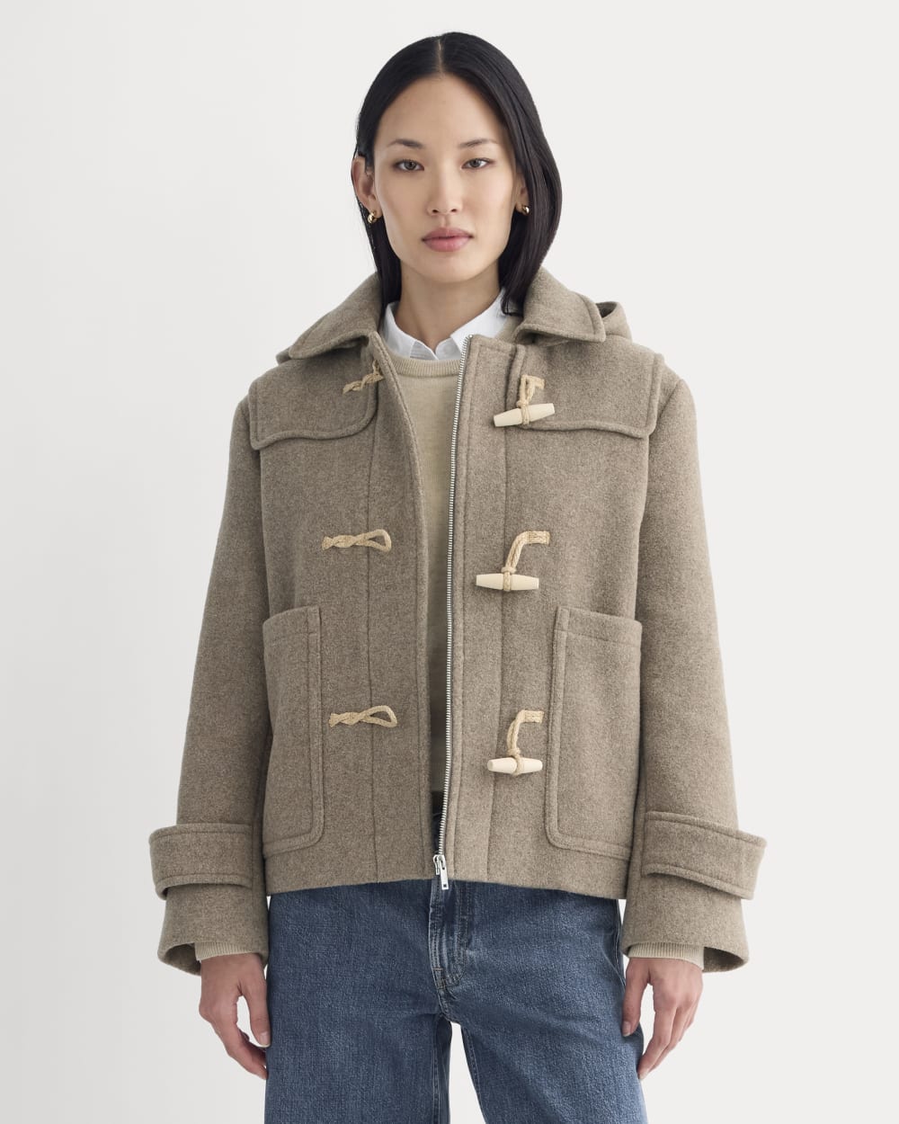 The ReWool Duffle Coat in Heather Taupe — front view