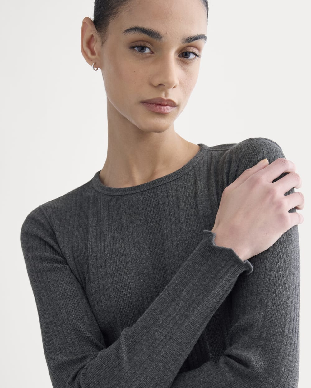 Lounge Rib Cropped Shirt in Heathered Soot — detail view