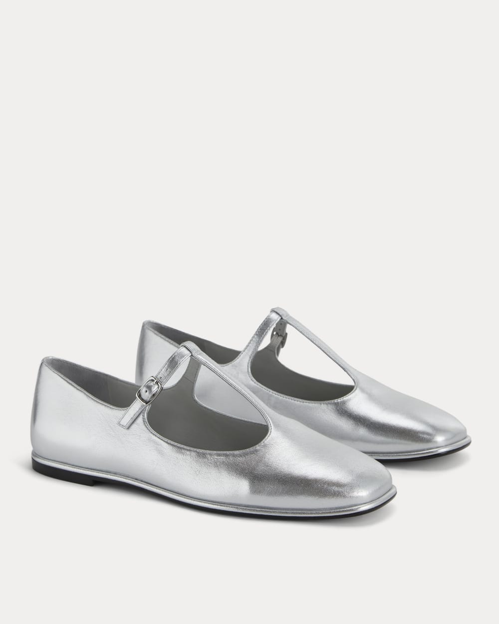 The Leather T-Strap Flat in Silver — alternate view