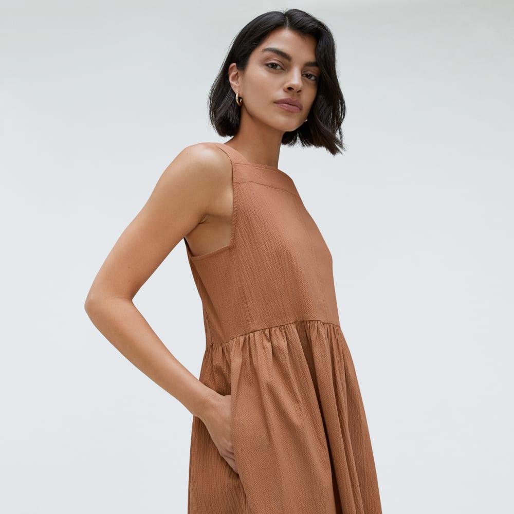 The Seersucker Midi Dress in Tawny Brown — detail view