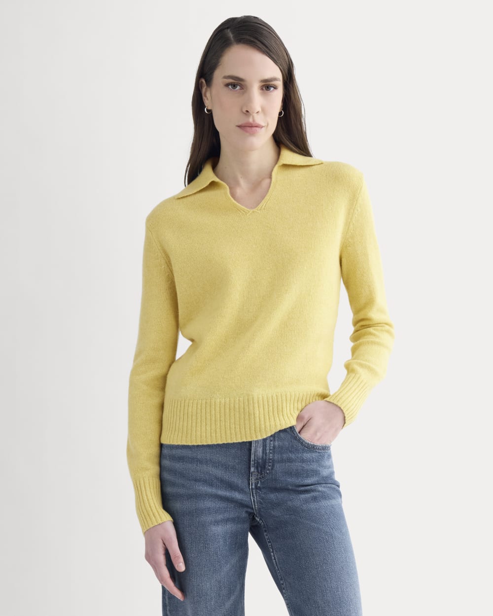 Cashmere Polo Sweater in Double Cream Heather — detail view