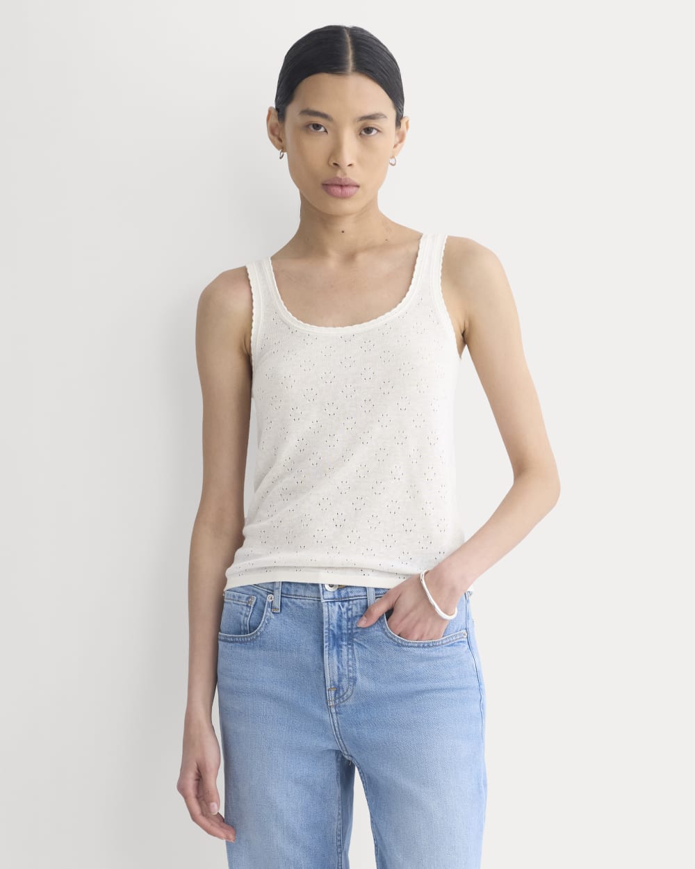 Lace-Trimmed Tank in Fine Linen in Bone — front view