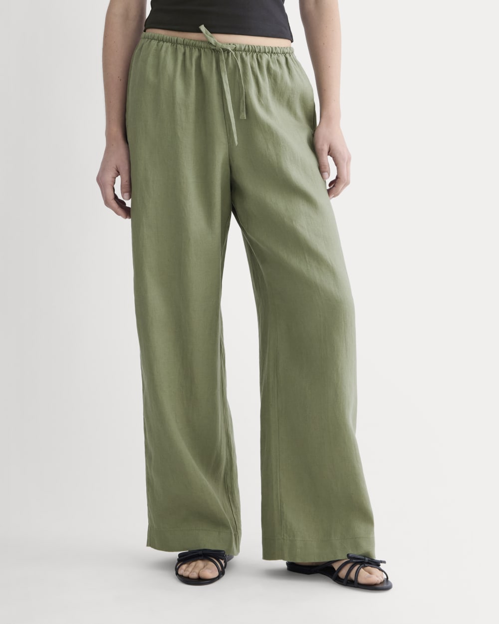 The Drawstring Pant in Linen in Lichen Green — detail view