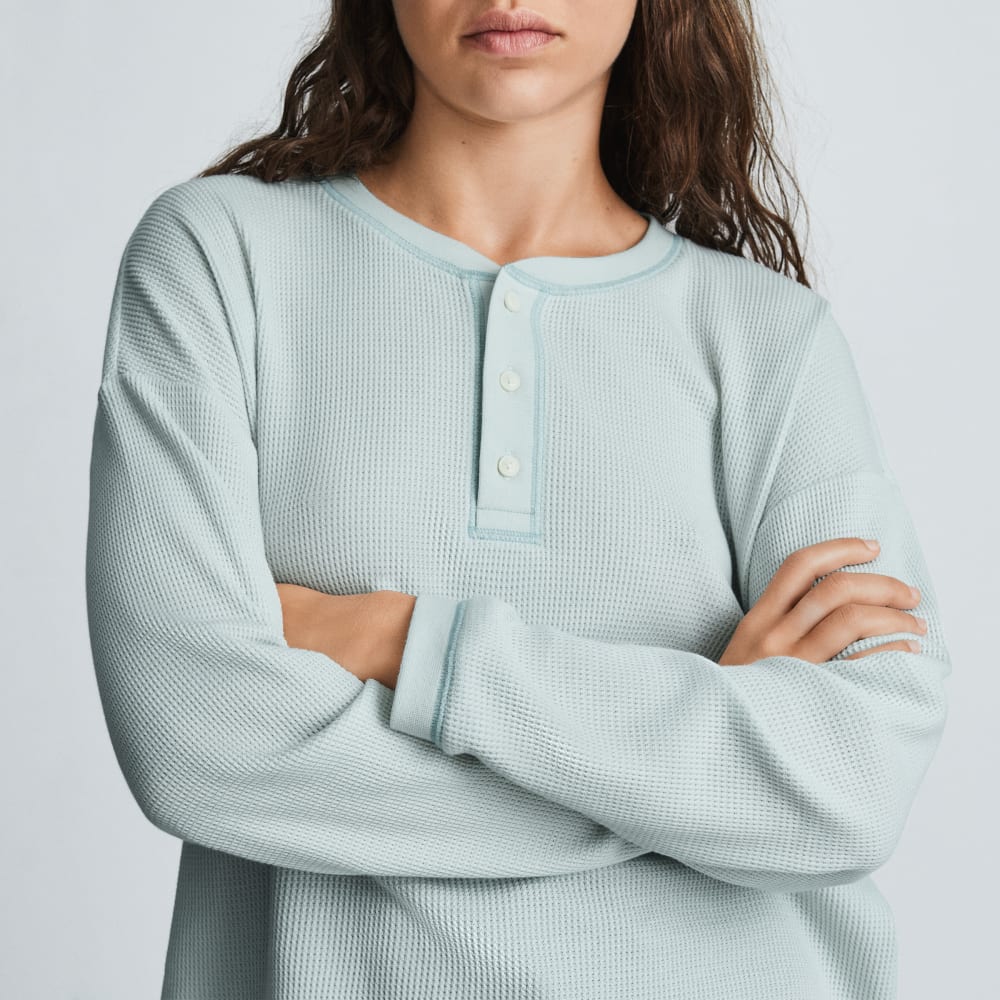 The Organic Cotton Waffle Henley in Ice Blue — detail view