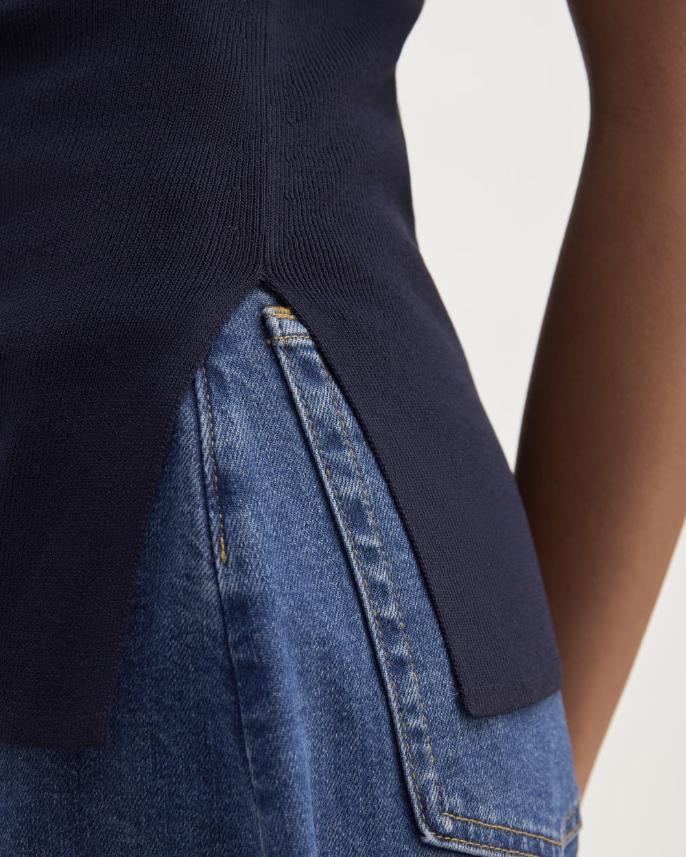 The Viscose Mock Neck Top in Navy — detail view