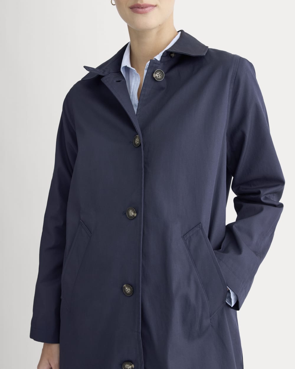 The Mac Coat in Navy — detail view