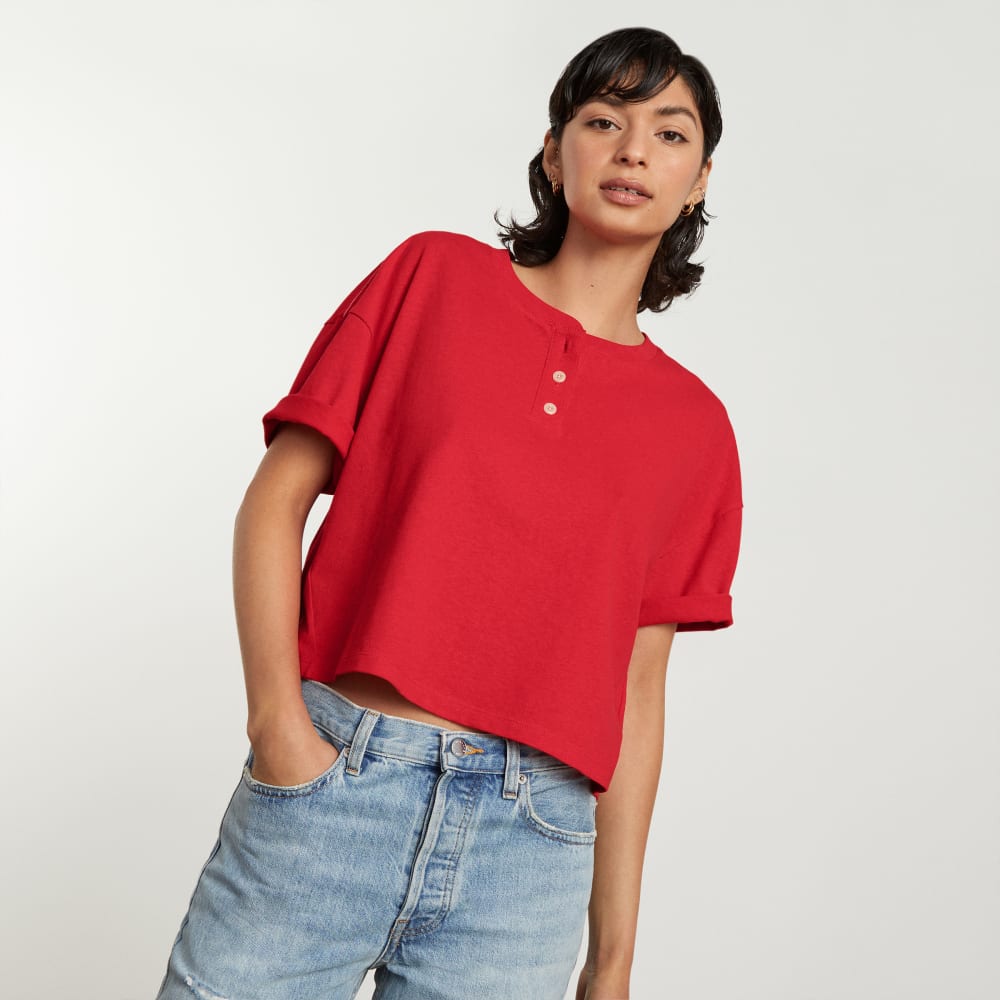 The Vintage Henley Hemp Tee in Goji Berry — detail view