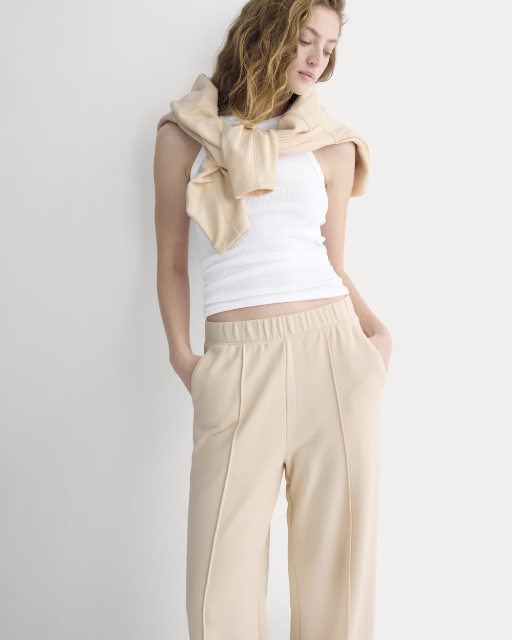 Lightweight Terry Pintuck Sweatpant in Parchment — detail view