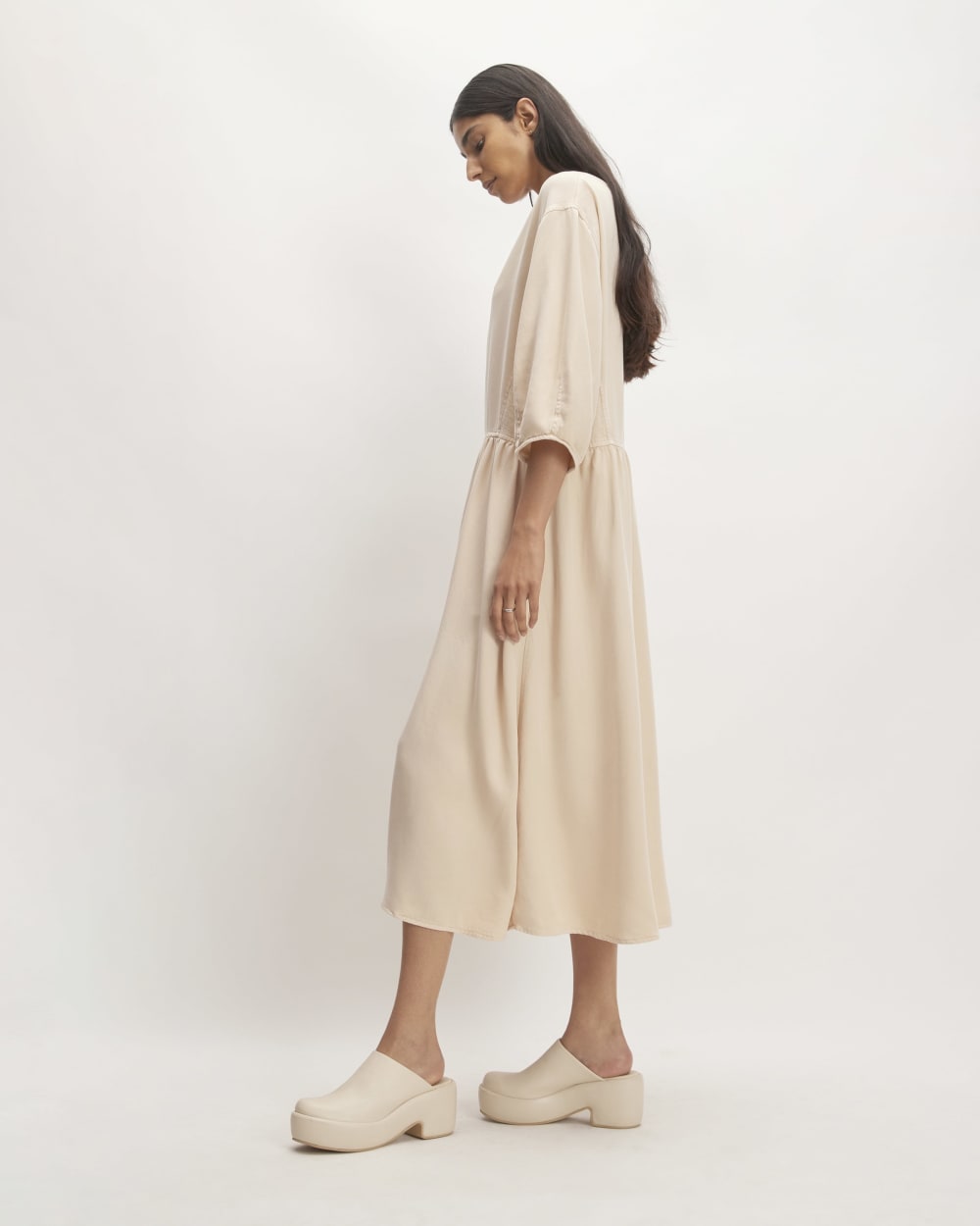 The TENCEL™ Puff-Sleeve Dress in Whisper Pink — detail view