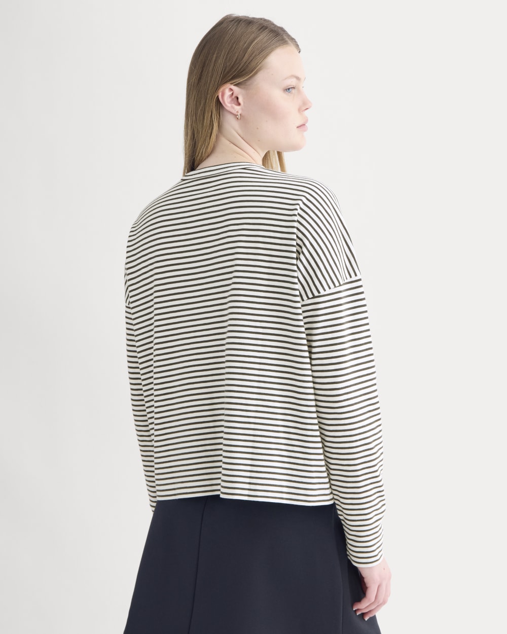 Oversized Boxy Crew in Essential Cotton in Bone / Pirate Black Stripe — detail view