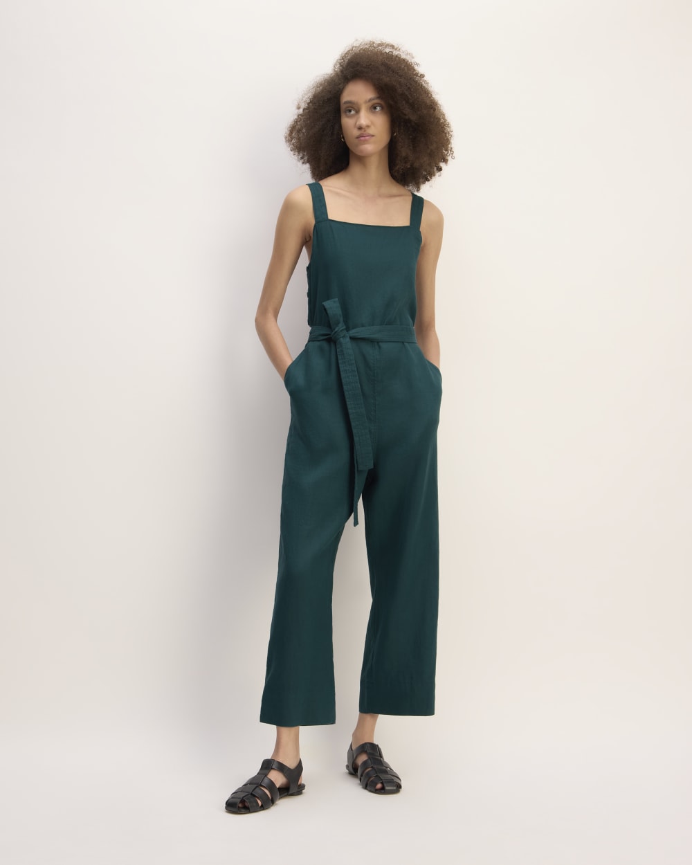 The Linen Side-Button Jumpsuit in Dark Sea — front view