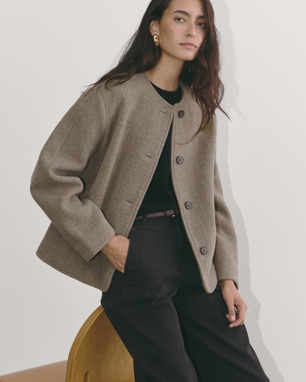 The Cocoon Coat in Wool in Taupe — front view