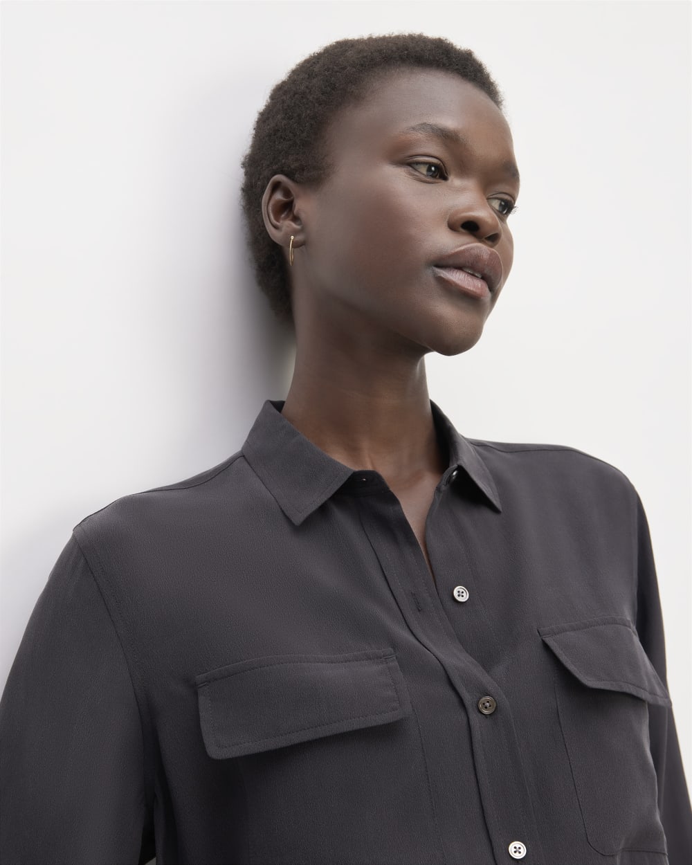 The Utility Shirt in Washable Silk in Black — detail view
