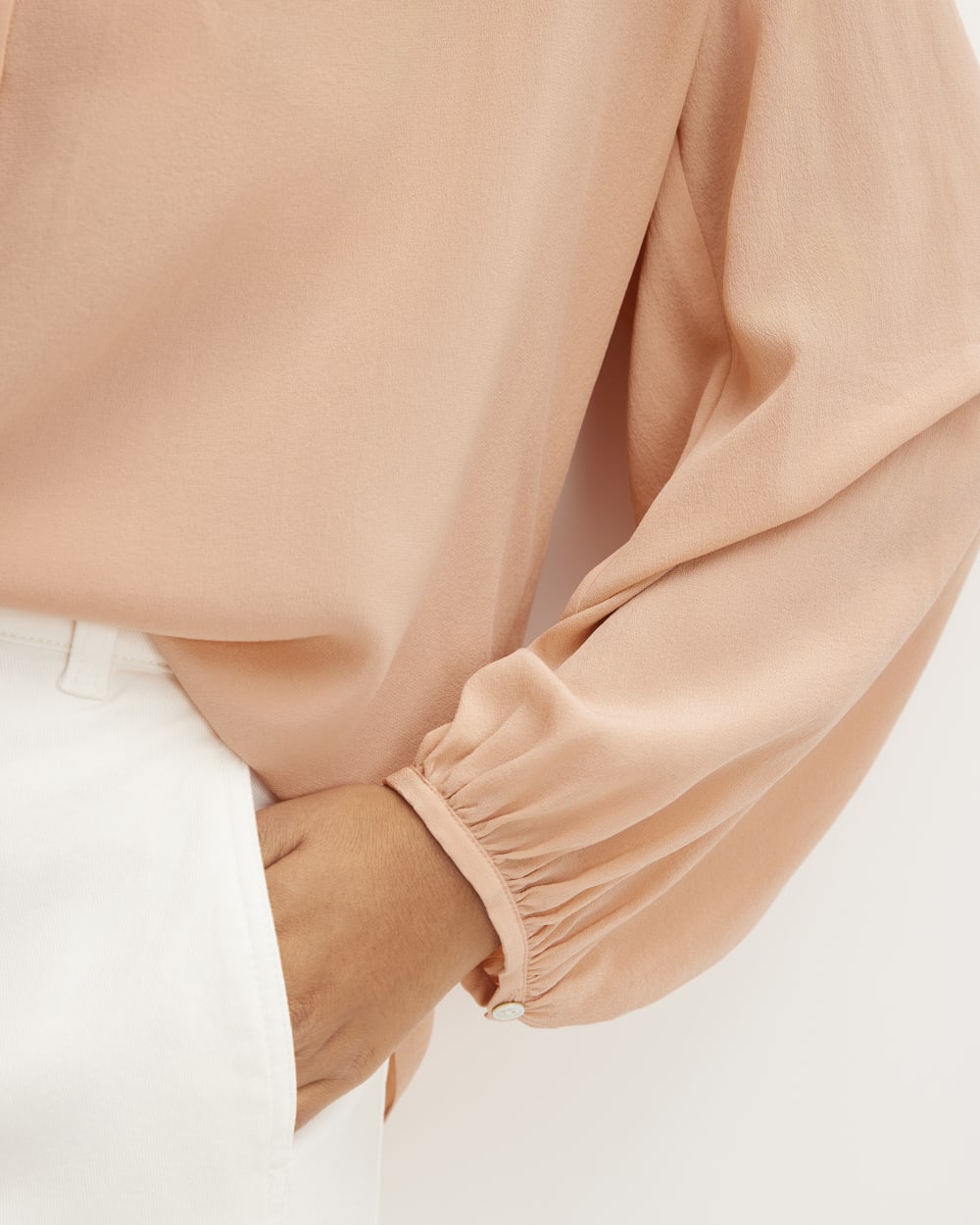 The Washable Clean Silk Shirred Blouse in Blush Pink — detail view