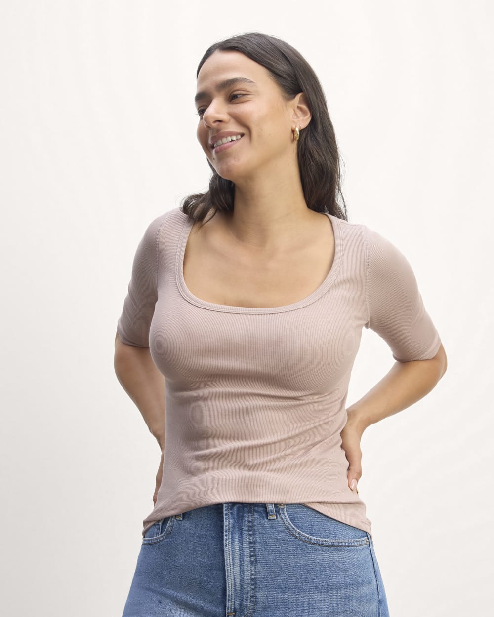 The Luxe Rib Scoop-Neck Tee in Dusty Rose — front view