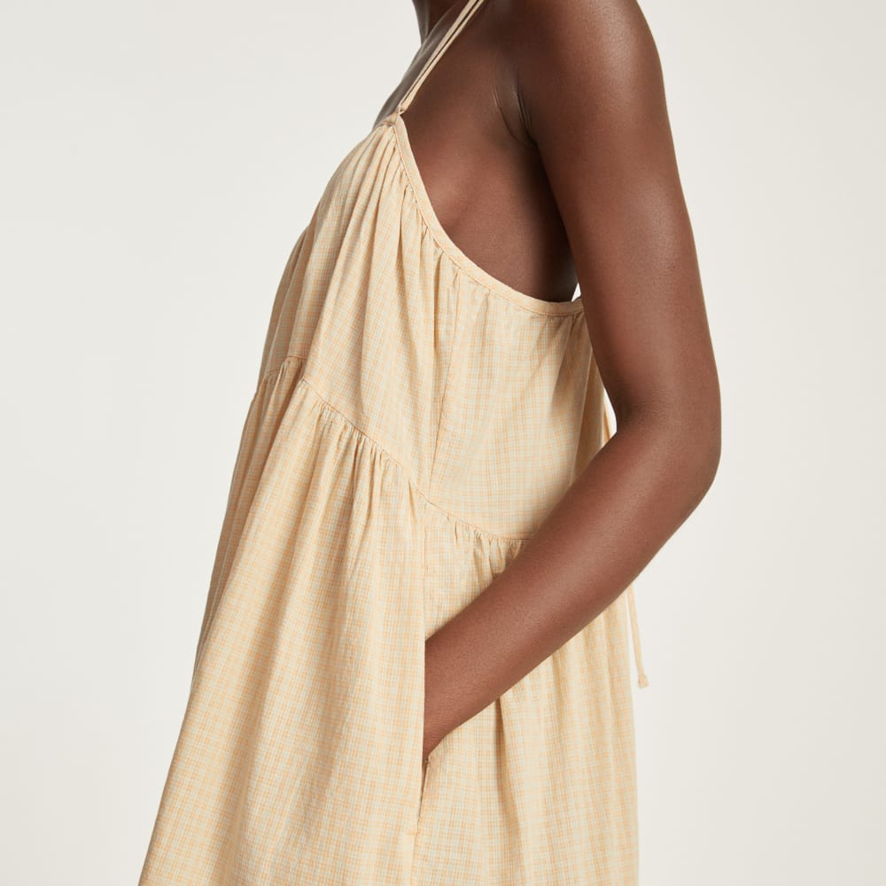 The Billow Tiered Maxi Dress in Orange Plaid — detail view