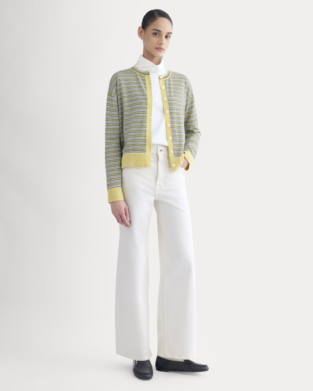 Crew Cardigan in Ultrasoft Merino in Double Cream Multi Stripe — detail view