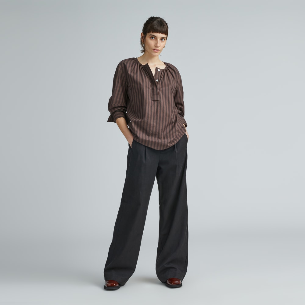 The Silky Cotton Balloon Sleeve Top in Chocolate Brown / Black — detail view