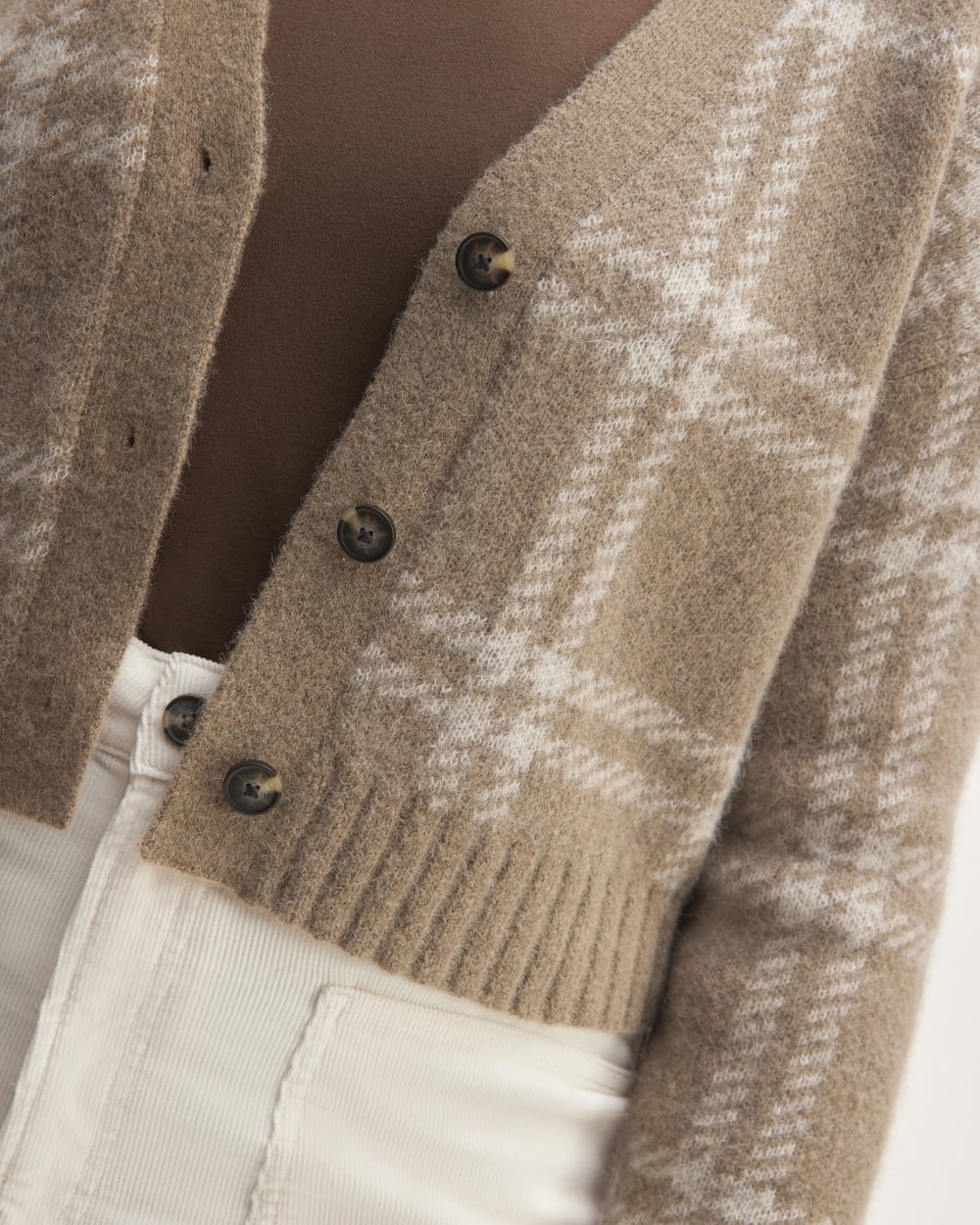 The Alpaca V-Neck Cropped Cardigan in Wheat / Lightest Taupe — detail view