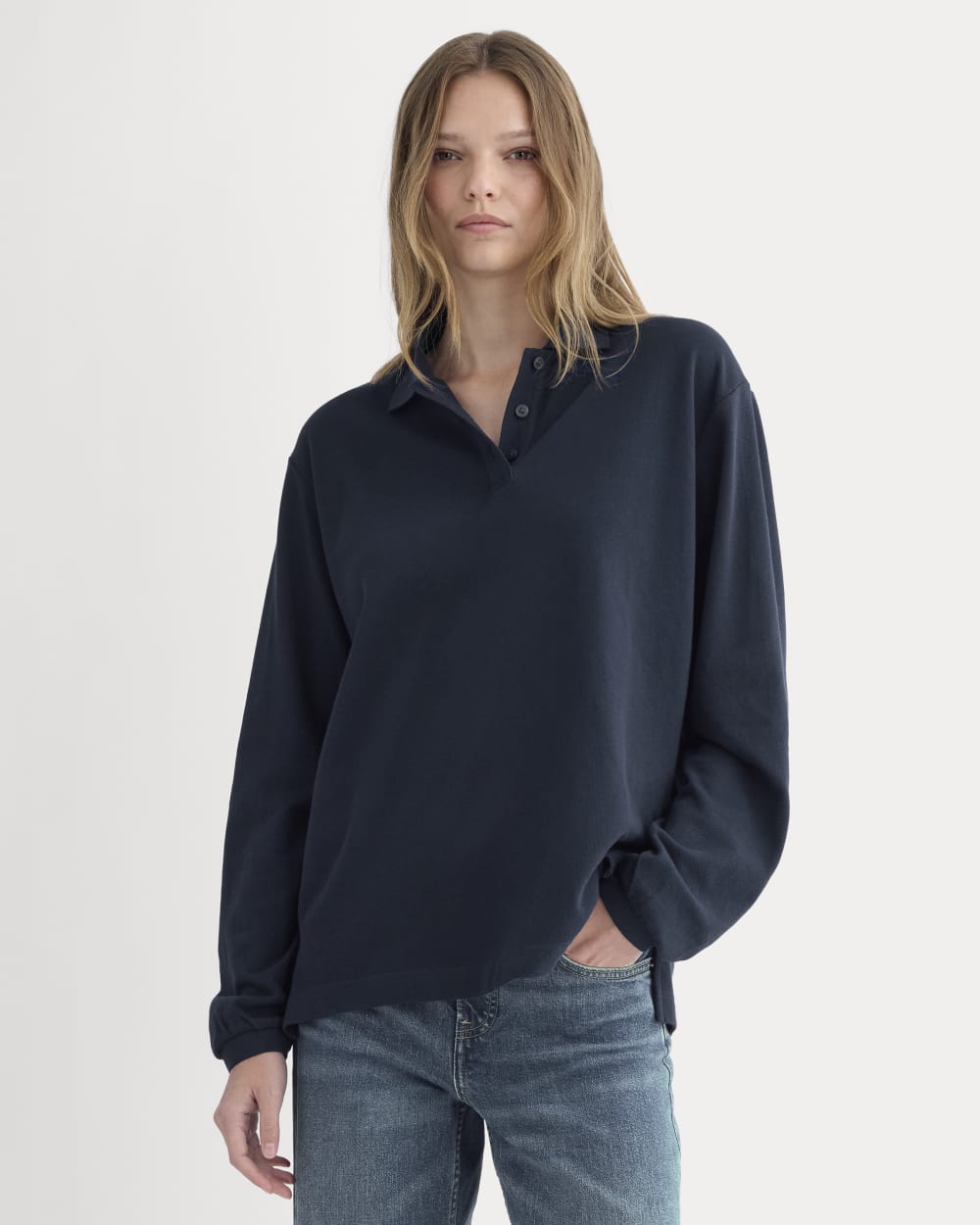 Oversized Pique Polo in Deep Navy — front view