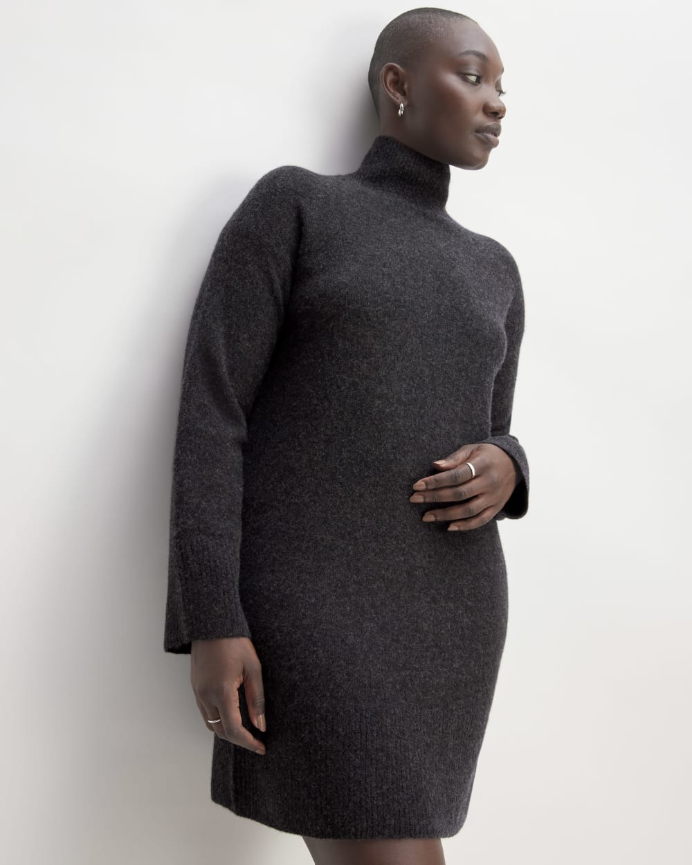 The Cozy Stretch Turtleneck Dress in Charcoal — detail view