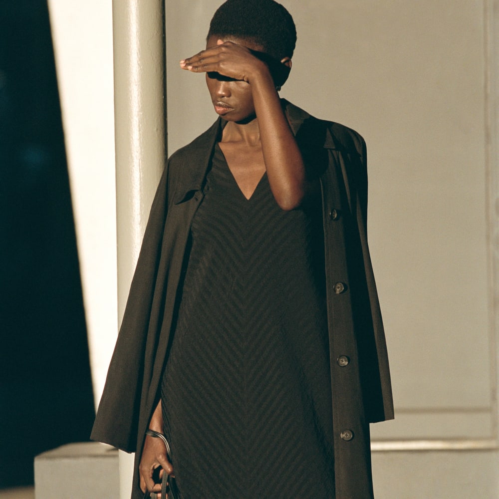 The City Stripe Midi Dress in Black — detail view