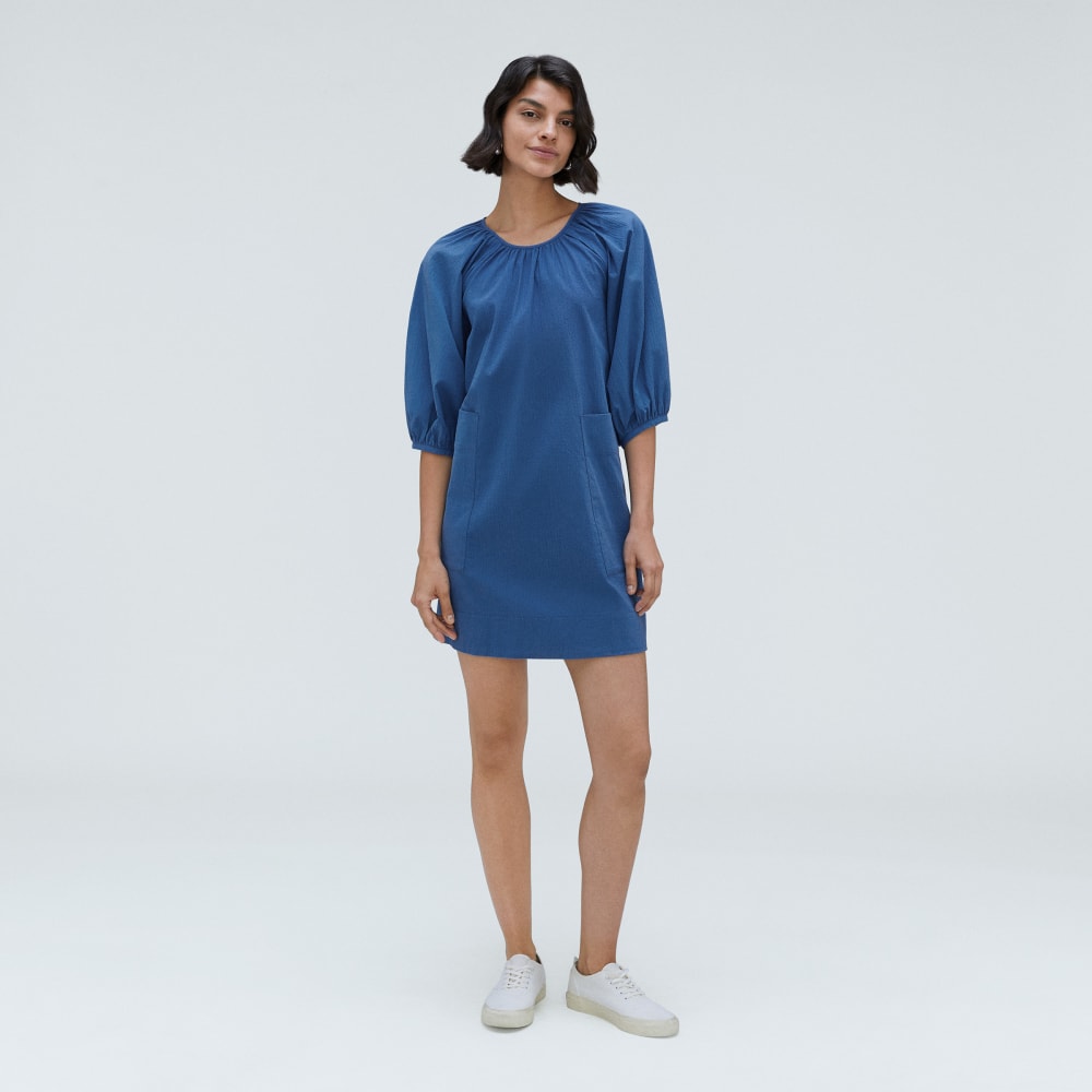The Seersucker Puff Sleeve Dress in Deep Blue — alternate view