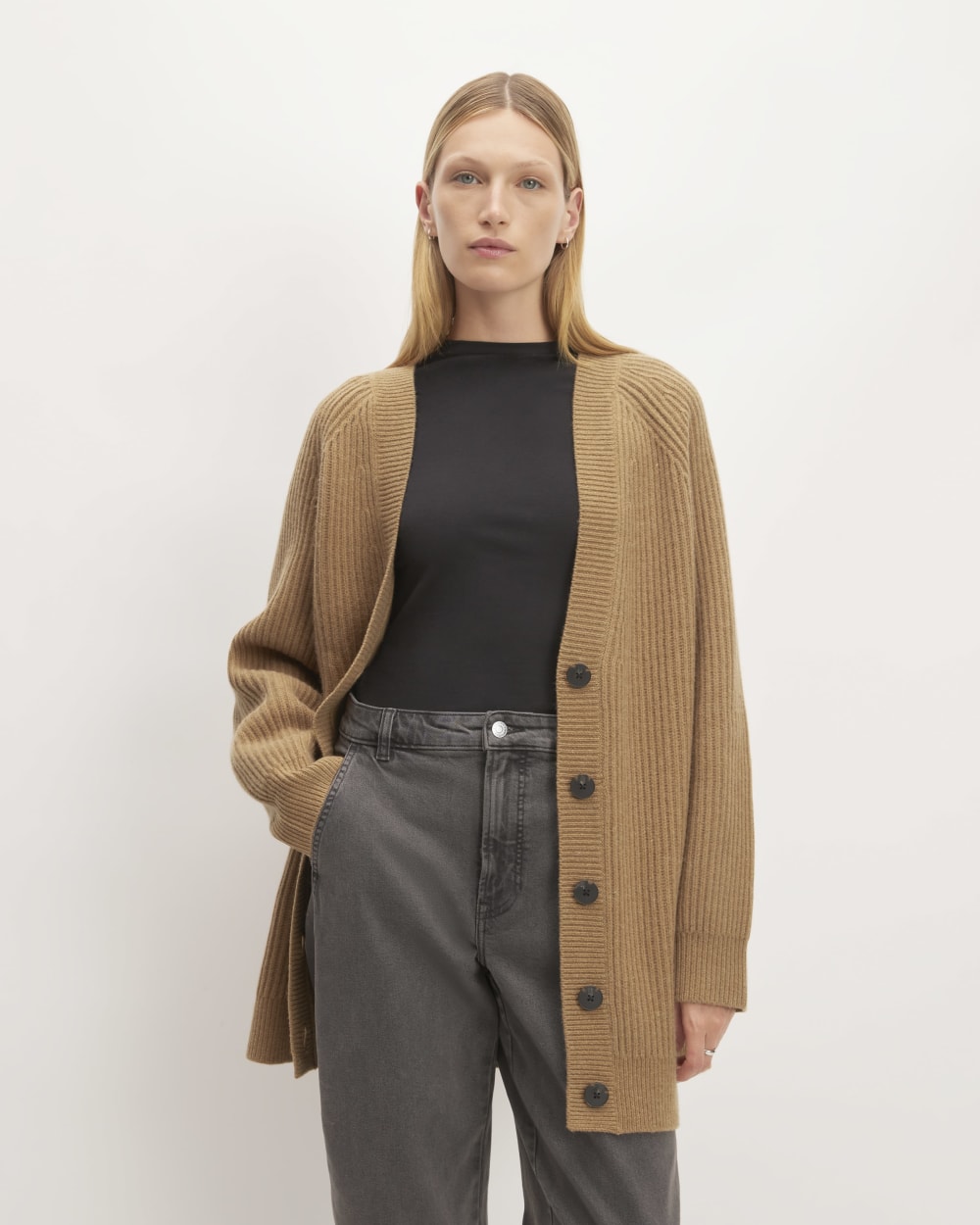The Felted Merino Cocoon Cardigan in Deep Camel — front view