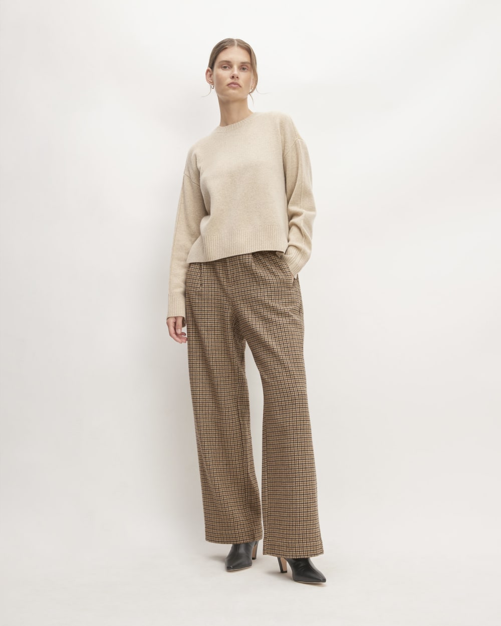 The ReWool® Way-High Drape Pant in Camel Houndstooth — front view