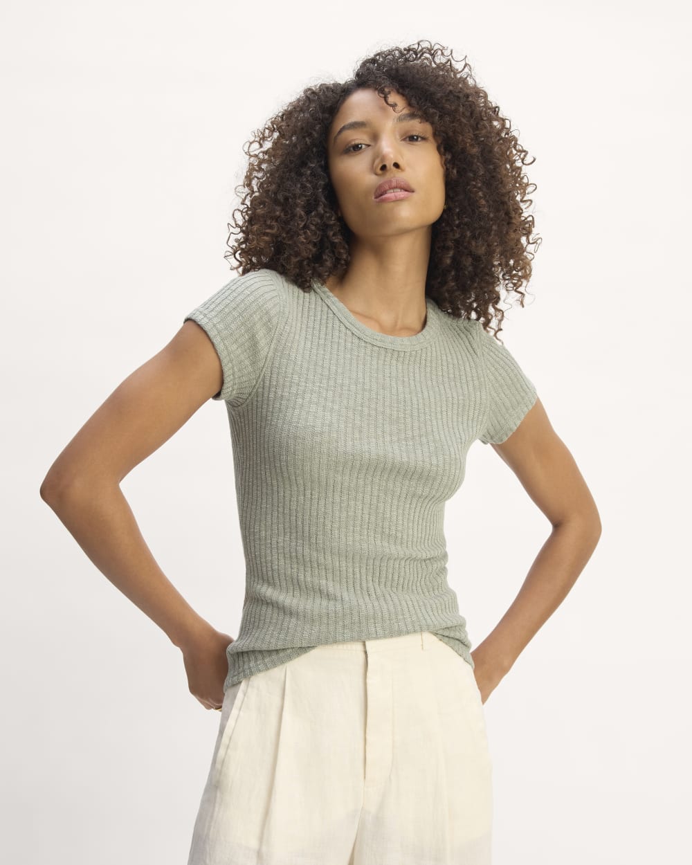 The Cozy Rib Tee in Sage Green — front view