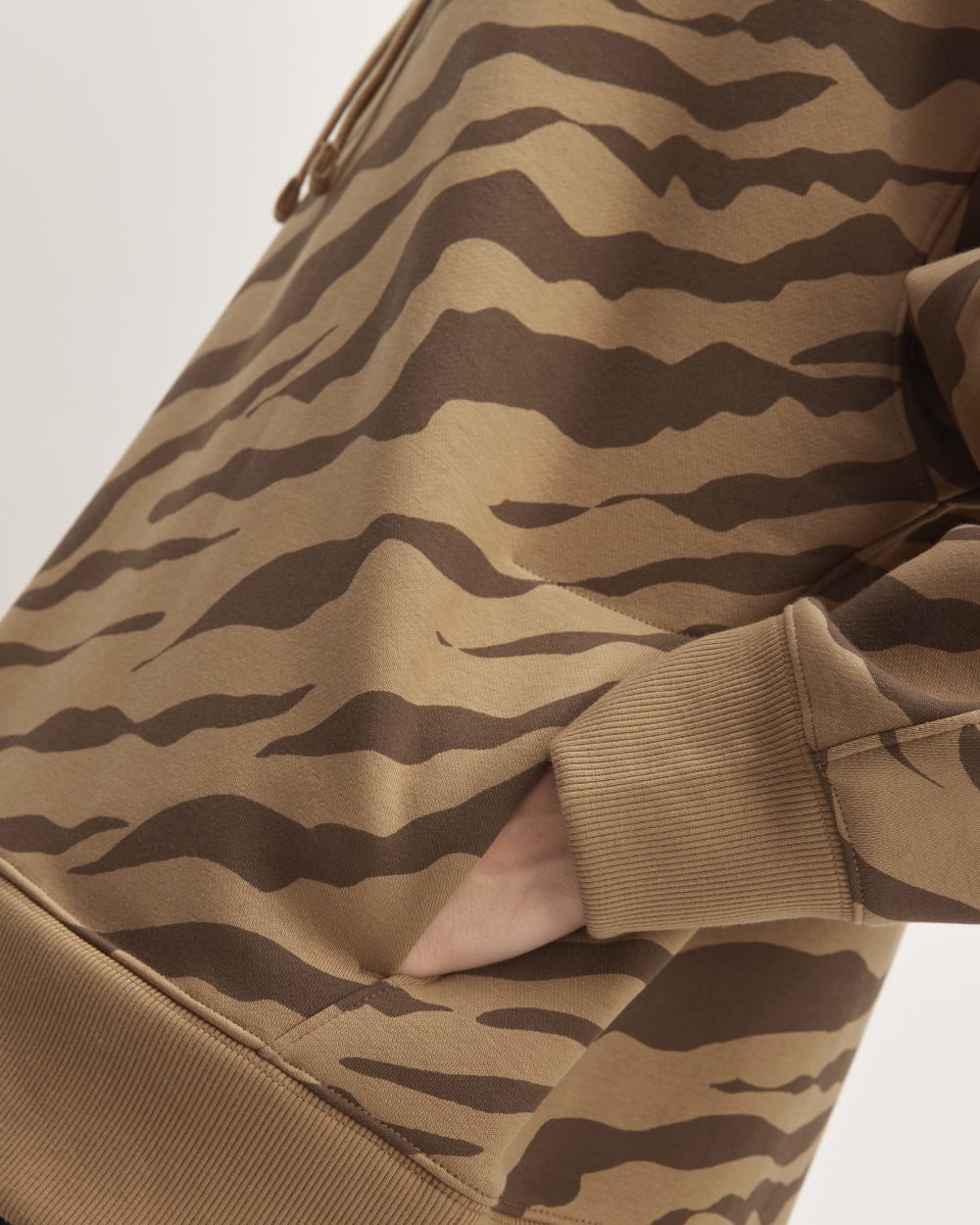 The ReTrack Hoodie in Cocoa Tiger Stripe — detail view