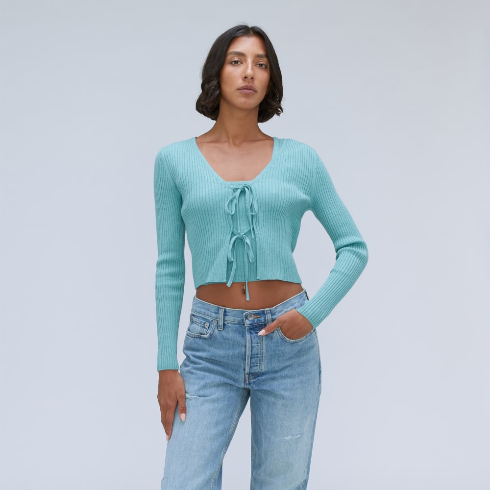The Cotton-Merino Front-Tie Top in Deep Turquoise — front view