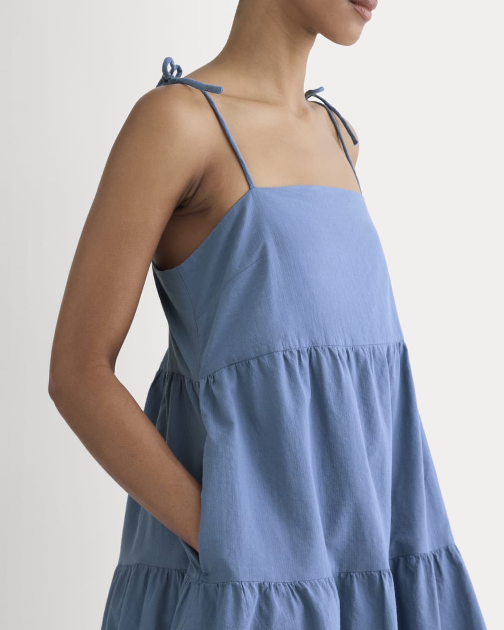 The Gauze Mini Tiered Dress in Soft Cobalt — detail view