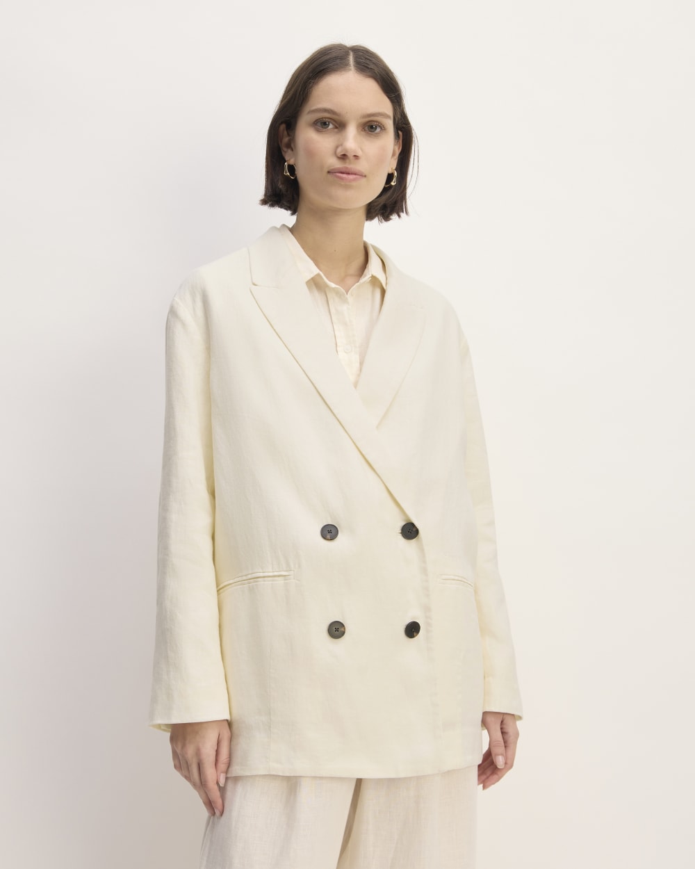 The Linen Double Breasted Blazer in Bone — front view