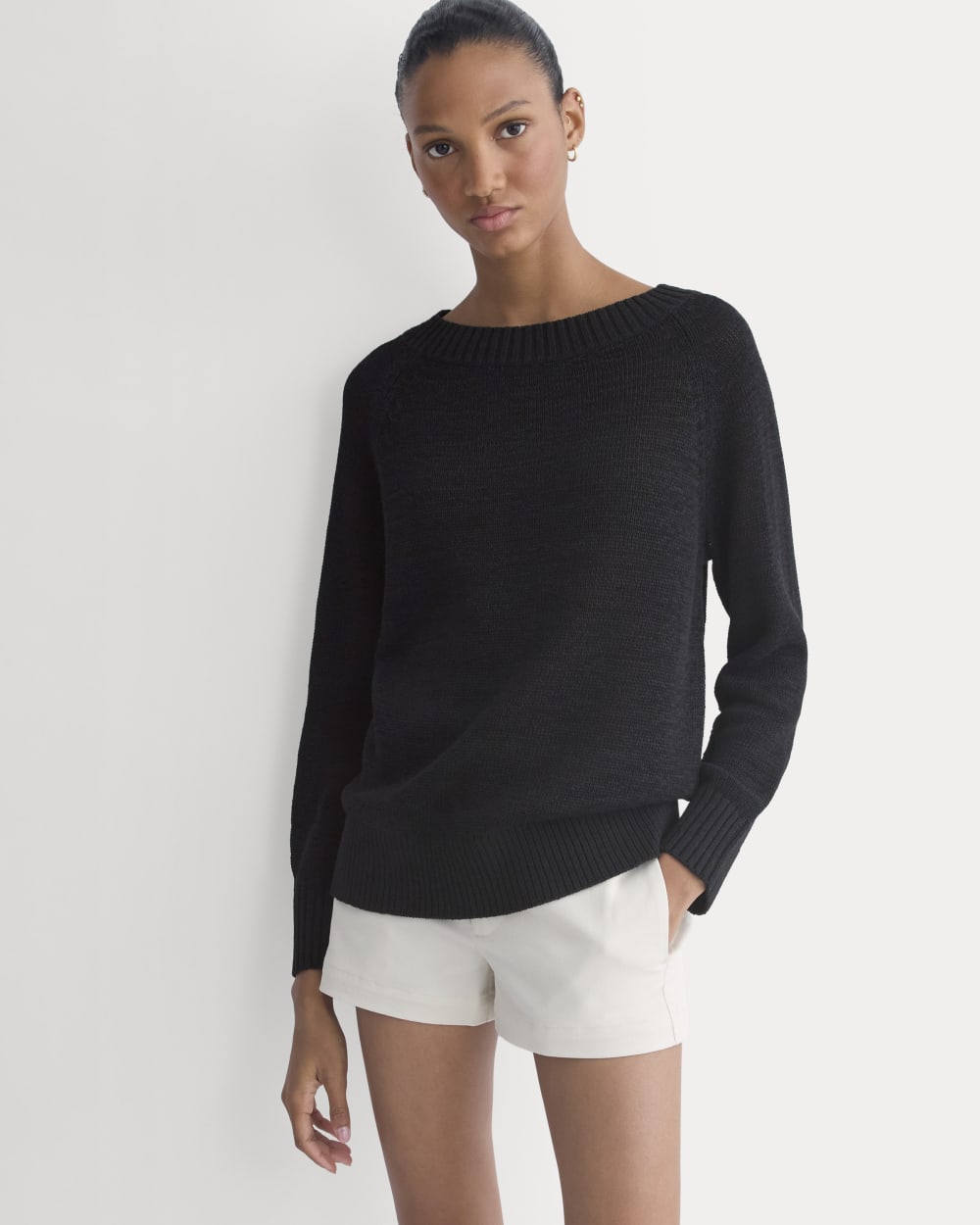 Wide-Neck Crew Sweater in Tape Yarn in Black — detail view