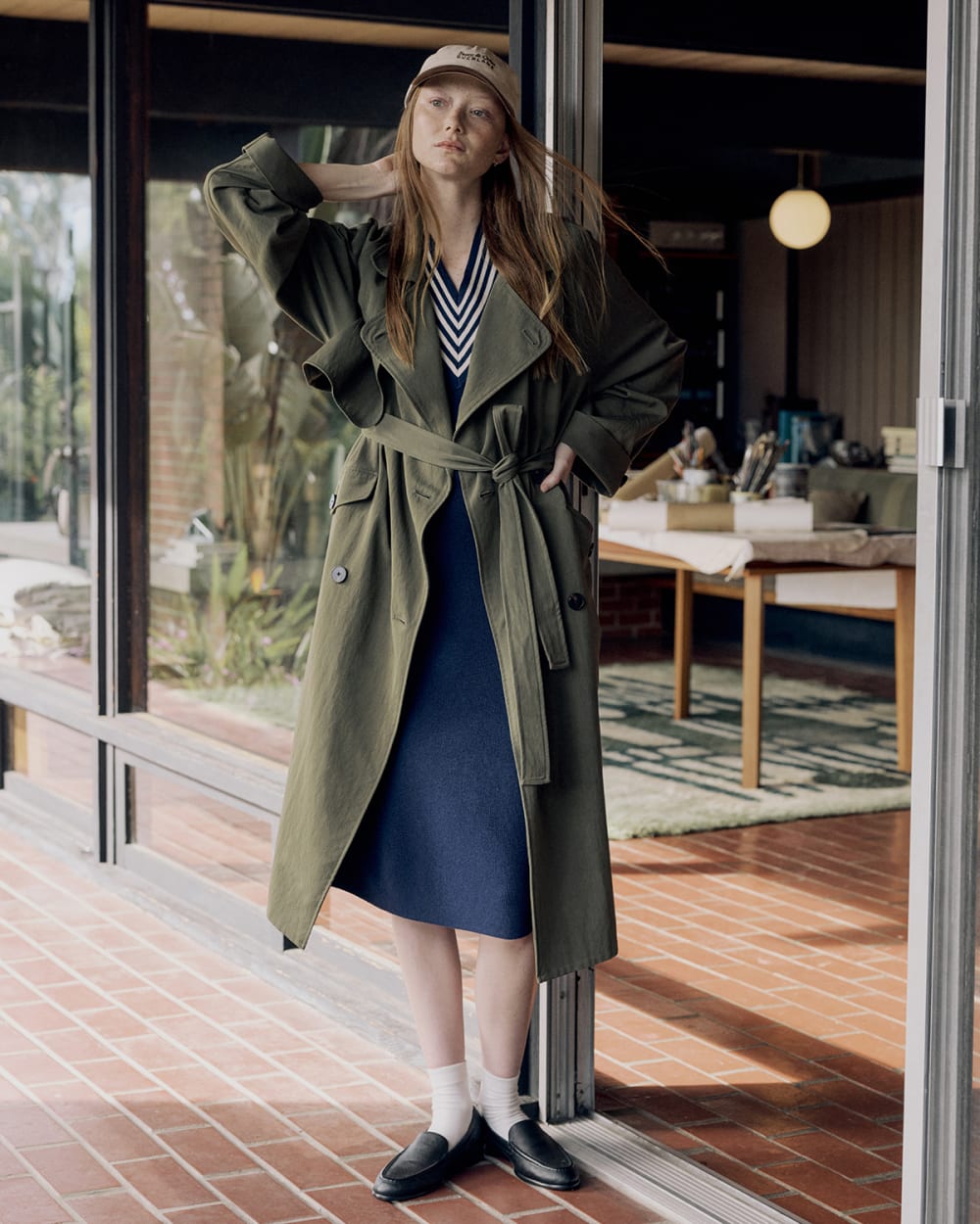 Drapey Twill Trench in Olive Night — detail view
