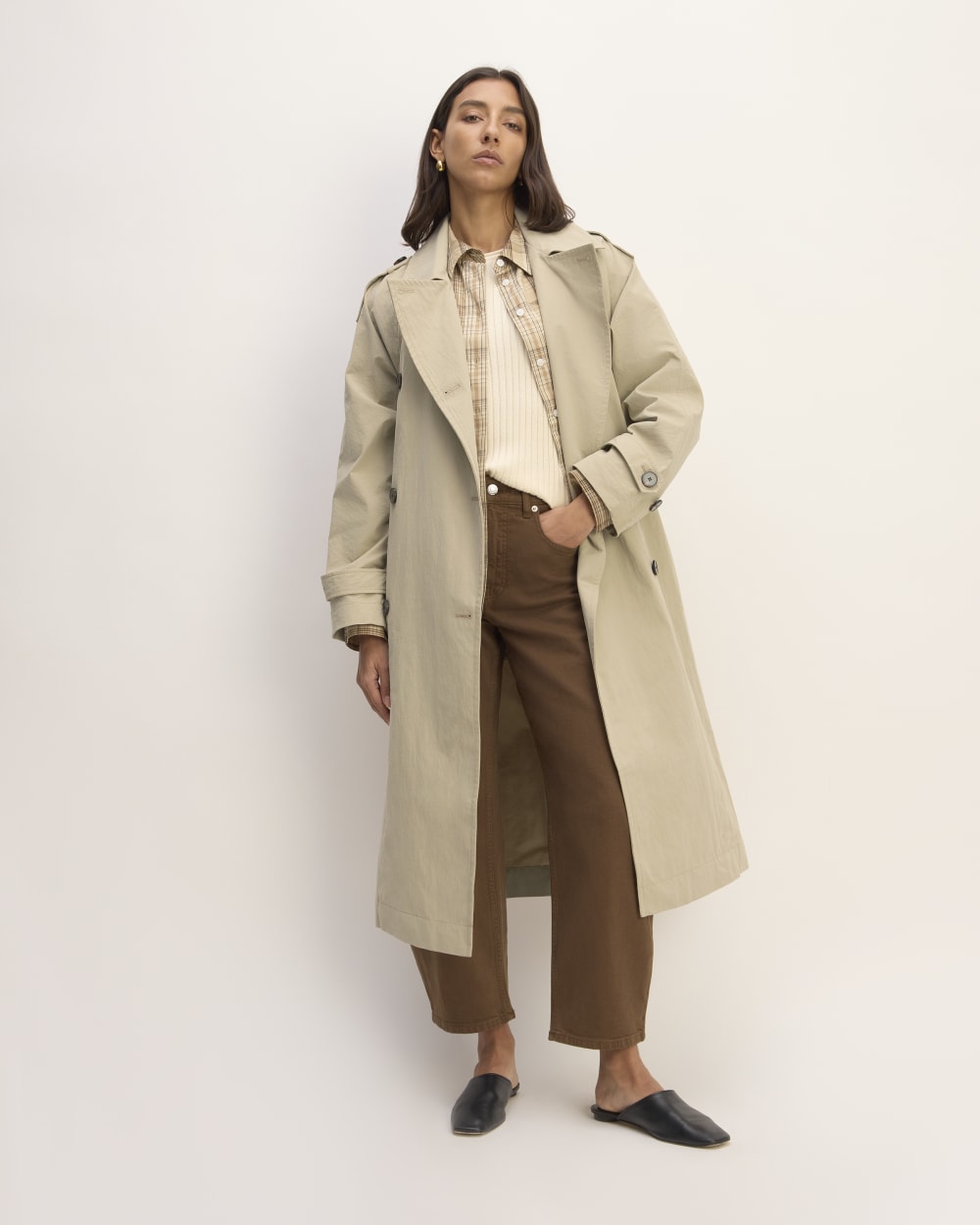 The ReNew Long Trench Coat in Trench Coat Khaki — front view